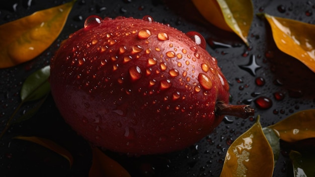 Fondo transparente de mango Gonge rojo con gotas visibles de agua