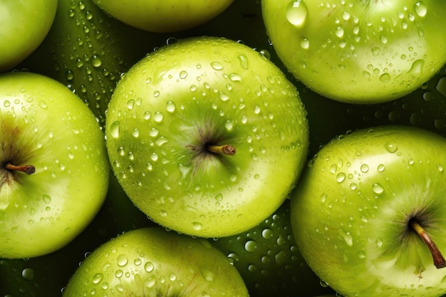 Fondo transparente de manzana fresca adornado con gotas brillantes de agua generadas por IA