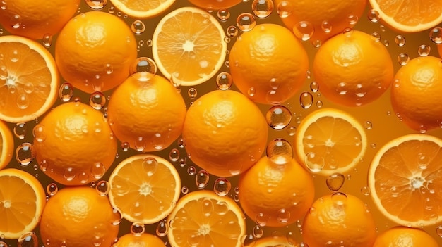 Fondo transparente de naranjas frescas abstractas con gotas brillantes de agua Generativo ai