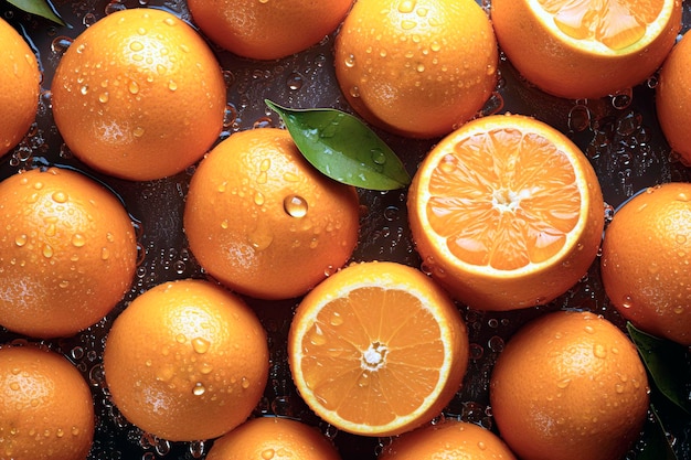 Fondo transparente de naranjas frescas adornado con brillantes gotas de agua