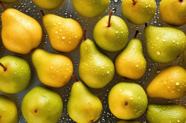 Fondo transparente de pera fresca adornado con gotas brillantes de agua generadas por IA