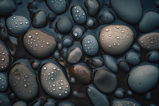 Fondo transparente de piedras de guijarros adornado con gotas brillantes de agua generadas por IA