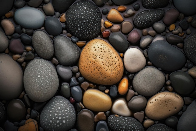 Fondo transparente de piedras de guijarros adornado con gotas brillantes de agua generadas por IA