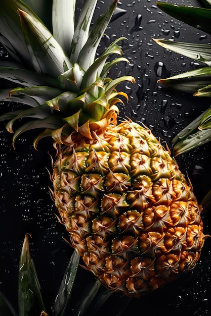 Fondo transparente de piña recién cortada adornada con brillantes gotas de agua