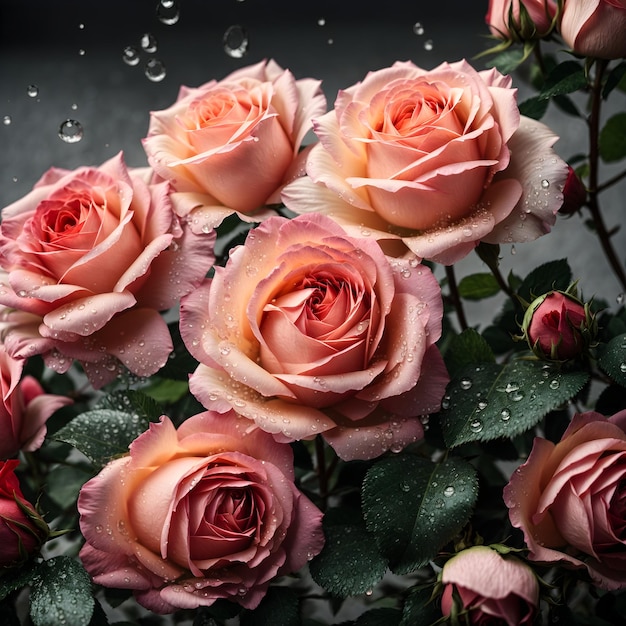 Fondo transparente de rosas frescas con gotas de agua