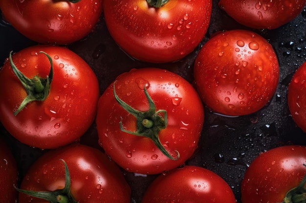 Fondo transparente de tomates frescos adornado con brillantes gotas de agua generadas por IA