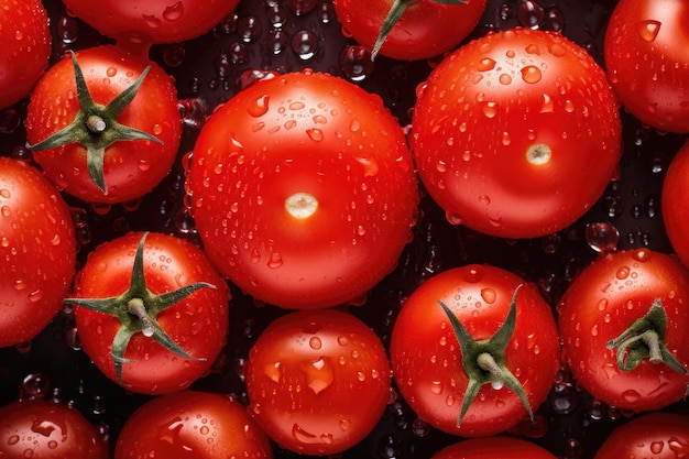 Fondo transparente de tomates frescos adornado con brillantes gotas de agua generadas por IA