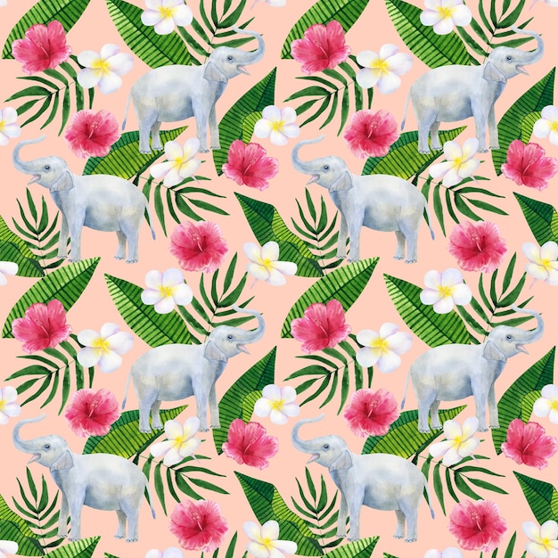 Fondo transparente tropical. Patrón con hermosas hojas exóticas de acuarela, elefante, hibisco, plumeria. Ilustración botánica dibujada a mano. Textura para impresión, textil, cosmética, embalaje.