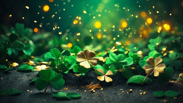 Fondo de trébol verde y polvo de oro para el día de San Patricio