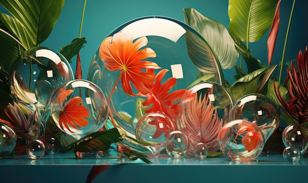 Fondo tropical con elementos de morfismo de vidrio, hojas de palma vibrantes y formas geométricas que crean un efecto 3D Perfecto para el diseño moderno Creado con herramientas generativas de IA