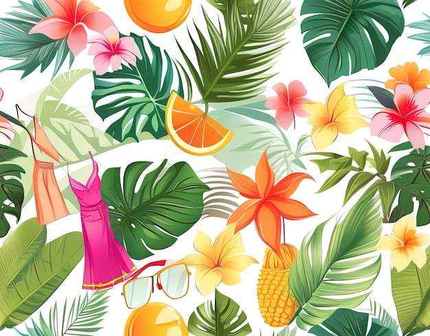 fondo tropical con flores de palma, hojas y frutos