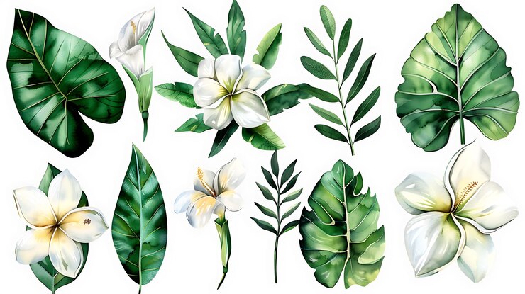 Fondo tropical con hojas de palma y flores Ilustración vectorial