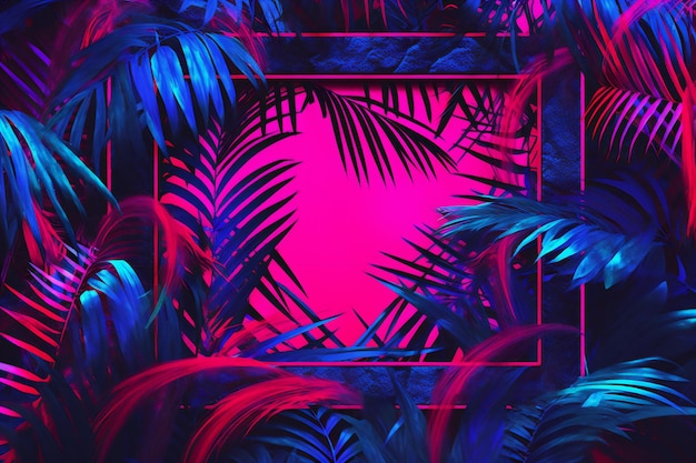 Fondo tropical con hojas de palma y marco en colores neón