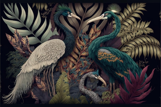 Fondo tropical pájaros reales pavo real garza colorido helecho hojas Ilustración digital AI