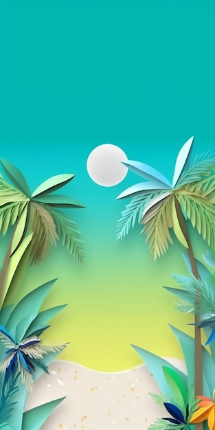 Fondo tropical con palmeras y sol en el cielo generativo ai