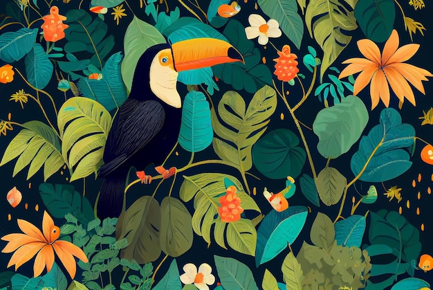 Fondo tropical con plantas de la selva y aves exóticas IA generativa