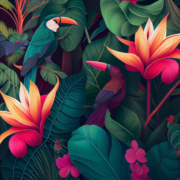 Foto fondo tropical con plantas de la selva y aves exóticas ia generativa