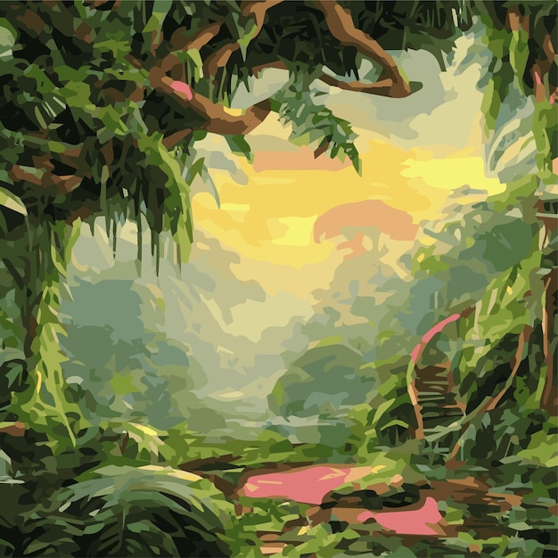 Fondo tropical de la selva Ilustración de fondo del paisaje de la selva con decoraciones hechas de hojas y follaje