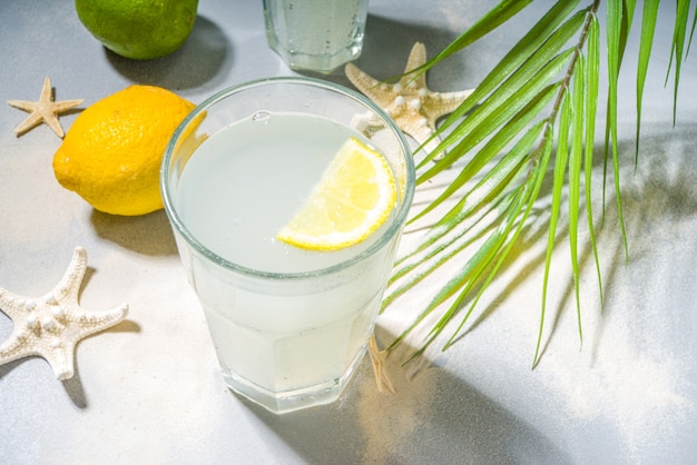 Fondo tropical de vacaciones de vacaciones de verano con bebidas de limonada. Cóctel Mojito con sombras duras de luz y oscuridad, sobre un fondo tropical con estrellas de mar, hojas de palmera copia espacio para texto