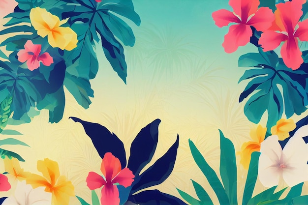 Fondo tropical de verano con flores y plantas