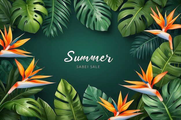 Foto fondo tropical de verano con flores de strelitzia y hojas tropicales