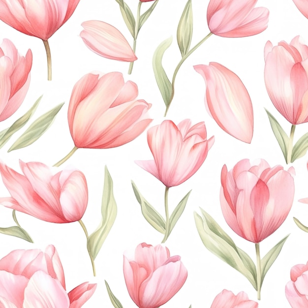 Un fondo de tulipanes rosas con hojas verdes y flores.