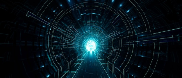 Fondo de túnel de ciencia ficción abstracto oscuro Hombre de pie con luz brillante