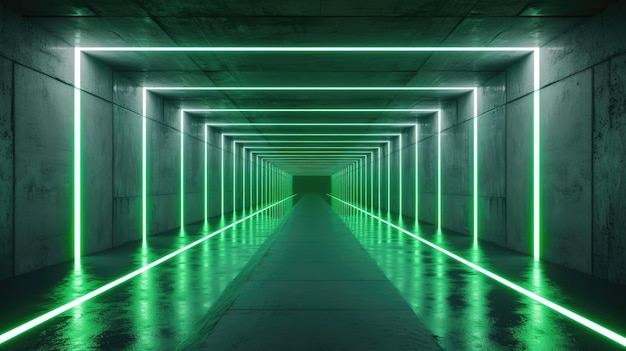 Fondo de túnel de hormigón de neón abstracto garaje vacío y sucio con líneas de luz verde led perspectiva del moderno pasillo subterráneo oscuro concepto de diseño de sala futurista