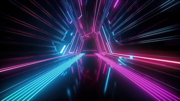 fondo de túnel de luces de neón con rayos láser rosas y azules líneas brillantes renderizado 3d IA generativa