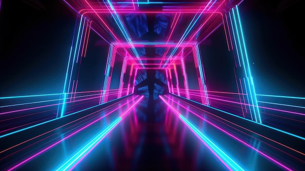 fondo de túnel de luces de neón con rayos láser rosas y azules líneas brillantes renderizado 3d IA generativa