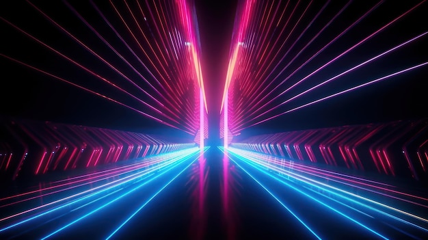 fondo de túnel de luces de neón con rayos láser rosas y azules líneas brillantes renderizado 3d IA generativa