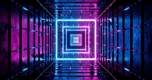 Fondo de túnel de neón futurista de renderizado 3D con luz rosa y azul