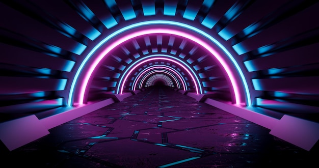 Fondo de túnel de neón rosa y azul de renderizado 3d