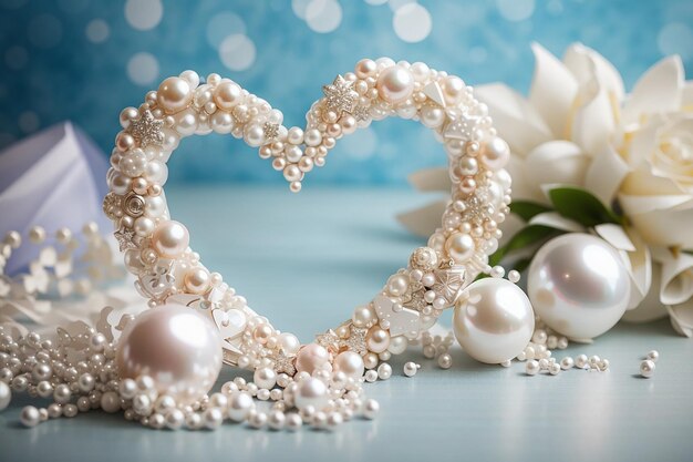 Foto fondo de vacaciones de amor de boda con marco de corazón de perla