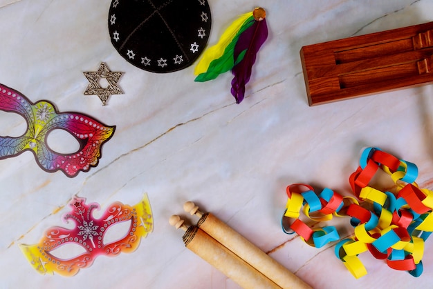 Fondo de vacaciones con artículos de purim judío.