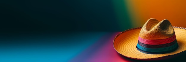 Fondo de vacaciones del cinco de mayo Cactus mexicano y sombrero de fiesta en banner de gradiente de arco iris Ilustración generativa de IA