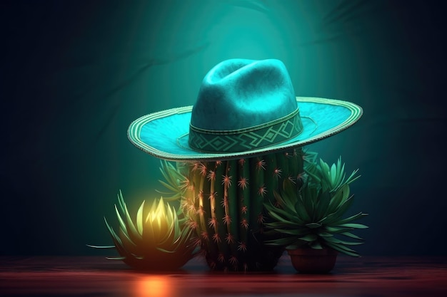 Fondo de vacaciones del Cinco de Mayo con cactus mexicano y sombrero de fiesta Luz de neón Ai generativo