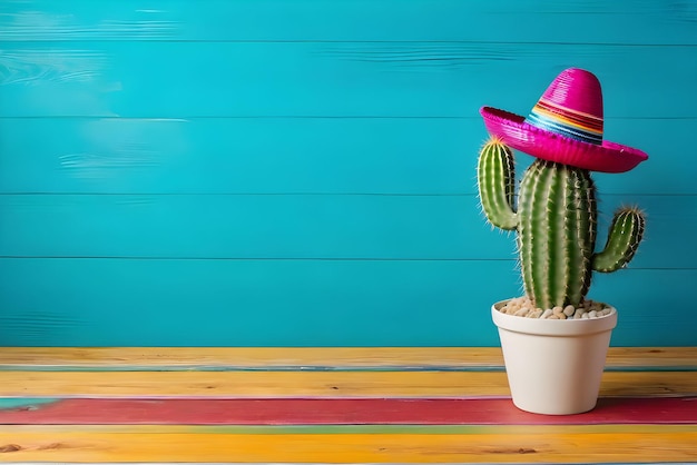 Fondo de vacaciones de Cinco de Mayo con cactus mexicanos y sombrero de fiesta en una mesa de madera