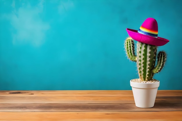 Fondo de vacaciones de Cinco de Mayo con cactus mexicanos y sombrero de fiesta en una mesa de madera