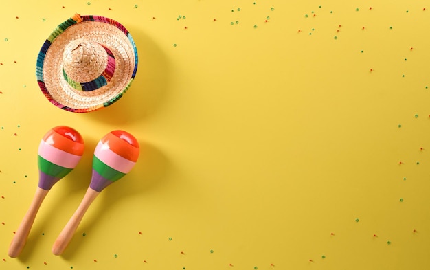 Fondo de vacaciones cinco de mayo hecho de maracas y sombrero sobre fondo amarillo