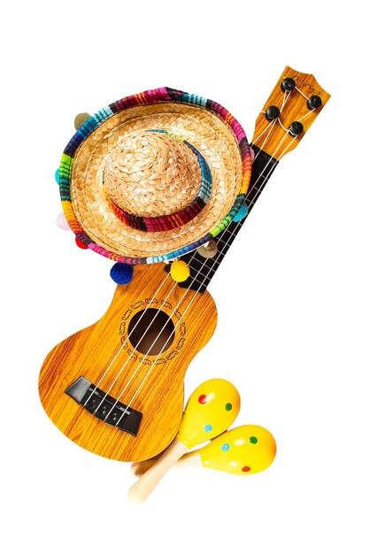 Fondo de vacaciones del Cinco de Mayo maracas sombrero mexicano y guitarra en fondo naranja