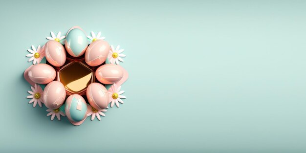 Fondo de vacaciones de huevos de pascua 3d brillante aislado y pancarta con adorno de flor pequeña y espacio de copia