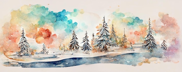 Fondo de vacaciones de ilustración de pintura de acuarela de paisaje navideño para invitación de tarjeta de felicitación