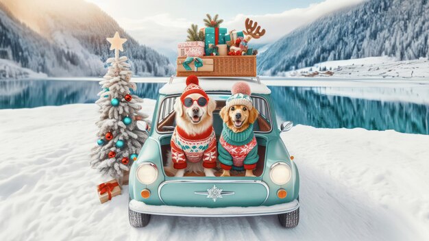 El fondo de las vacaciones de invierno de Navidad con una pareja de perros lindos viajando en coche