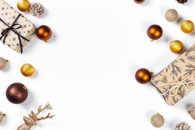 Fondo de vacaciones de Navidad y año nuevo. Regalos de Navidad con bolas, piñas y ramas de abeto en la vista superior de fondo blanco. Endecha plana. Concepto de tarjeta de felicitación de Navidad