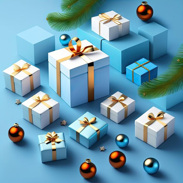 Fondo de vacaciones de Navidad con cajas de regalos blancas sobre un fondo azul