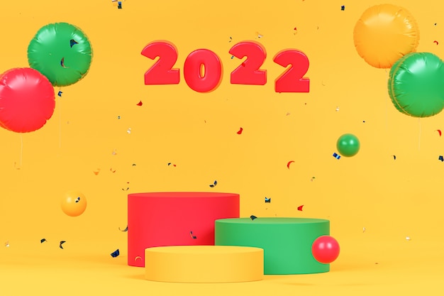 Fondo de vacaciones de Navidad o año nuevo con podios o pedestales, números rojos 2022 con confeti y globos de aire, render 3d