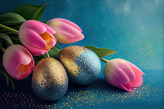 Fondo de vacaciones de Pascua con bonitas flores de tulipán rosa y huevos pintados brillantes sobre fondo azul tranquilo Concepto de vacaciones de primavera y Pascua