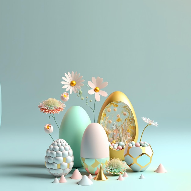 Fondo de vacaciones de Pascua con huevos de Pascua 3D y adorno floral