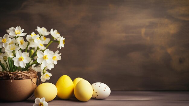 Fondo de vacaciones de Pascua con huevos pintados y flores en flor Flores de primavera en olla